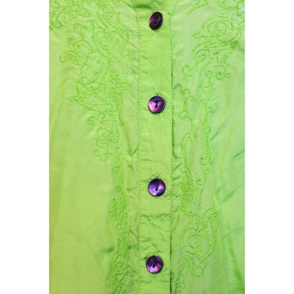 Chico's Silk Button Down sz 1 Green Floral Embroidery Spring Smooth Sleepshirt - Picture 3 of 6